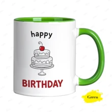 Taza de café de cerámica con diseño de pastel de cereza y feliz cumpleaños. Estilo minimalista y estético. Apta para lavavajillas. Taza novedosa y asequible, ideal como regalo de cumpleaños para fiestas. - Verde - Ver 1