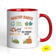 Ceramic Coffee Mug With A Healthy Habits Print To Promote Well-Being In Your Daily Routine. An Affordable Birthday Gift Mug With A Minimalist And Aesthetic Design. - 紅色 - 查看 1