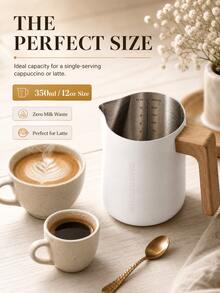 SMEGGEMS 350ML Milk Frothing Pitcher, Japanese Zen Style Wooden Handle Espresso Pot, Dual ML/OZ Scale Inside, Stainless Steel Pointed Spout Latte Art Milk Cup, Suitable For Baristas - White - View 5