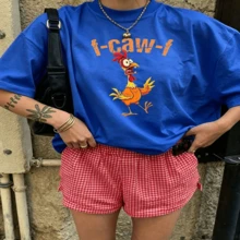 Cute Daily Casual Graphic T-Shirt 100% Cotton Oversized Soft Breathable Casual Crewneck Short Sleeve Top Red Checkered Shorts Street Style Fashion Lovers Casual Wearers Daily Outfit Enthusiasts Gift Givers - 藍色 - 查看 18