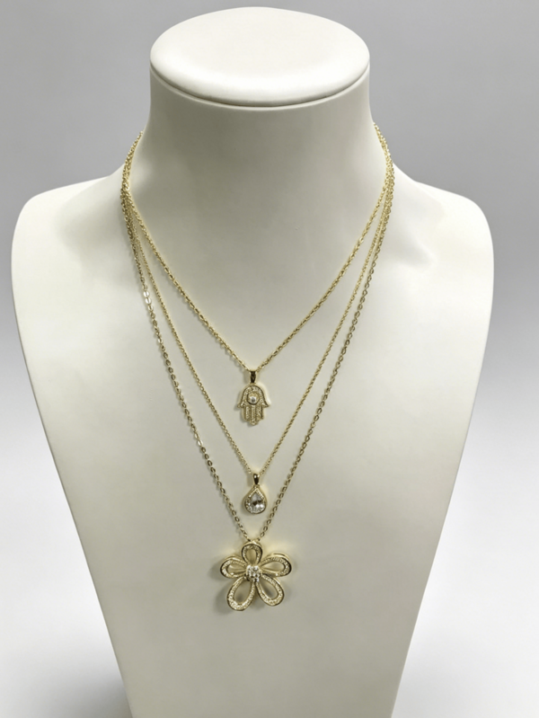 3件/組夏季休閒風鋯石鑲嵌多層疊戴項鍊套組，棕櫚+心形+鏤空花朵吊墜女裝飾品，海邊出遊穿搭、日常配戴、約會派對度假禮物 [請遠離水，避免飾品氧化][請勿用力拉扯]