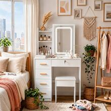 White Vanity Desk Set With Sliding Mirror & Matching Stool, 5 Drawers, Lockable Drawer, Hidden Storage Shelves, Compact Makeup Table For Bedroom, Perfect Gift For Girls & Women - 白色 - 查看 6