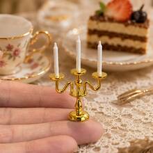Miniature 3-Arm Candelabra Model With Candles, 1:12 Scale Dollhouse Decor, Gothic Mini Restaurant Tabletop Candle Holder, Miniature Photography Prop - 1PC - View 4