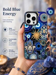 1 Peça Capa de Telefone com Olho Grego & Mão de Hamsa Azul e Dourada, Compatível com iPhone 17/16/15/14/13 Pro Max, Compatível com Série , Capa de Telefone Macia à Prova de Choque com Cobertura Total da Moda - Multicolorido - Visão 5