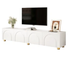 Modern Low TV Stand With Embossed Moldings, 4 Doors, Metal Legs - 白色 - 查看 12