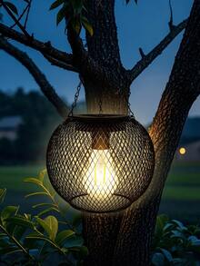 Vintage Black Mesh Sphere Solar Pendant Light, Waterproof LED Solar Hanging Lamp, Automatic Light Control Iron Cage Lantern, Suitable For Garden, Patio, Yard, Balcony, Lawn, Wedding, Christmas Outdoor Decor, Solar Powered Lighting Gift - 1Pc Black - View 4