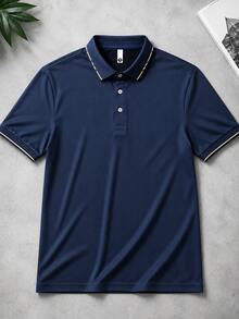 男士短袖 Polo 衫－對比色滾邊領口與袖口，俐落修身商務休閒運動上衣 - Navy - 查看 1