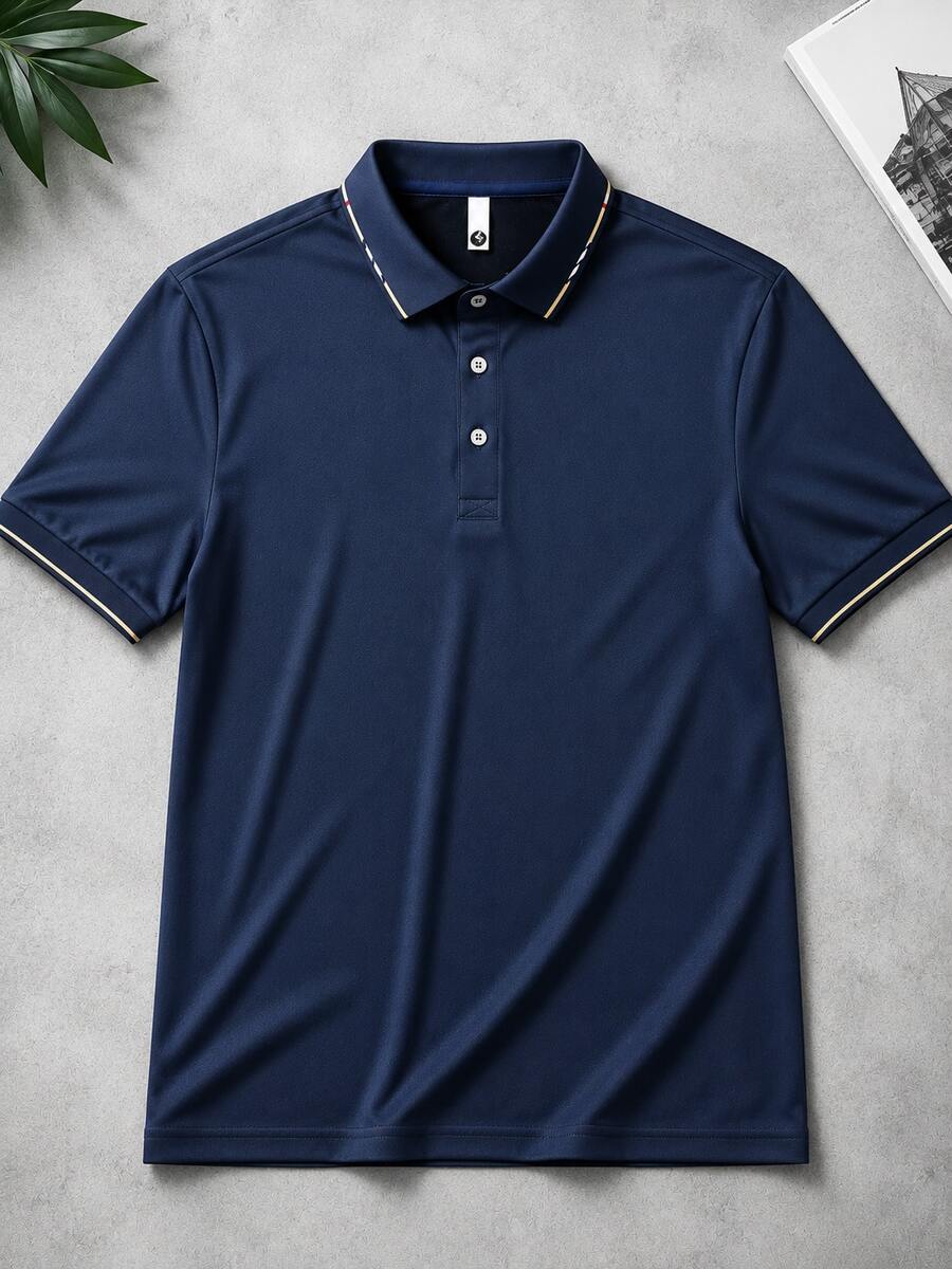 男士短袖 Polo 衫-對比色滾邊領口與袖口,俐落修身商務休閒運動上衣 - Navy - 查看 1