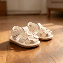 1 par de sandalias de verano con sonido de flor para bebé, lindas y livianas, con puntera redonda antideslizante y protectoras, adecuadas para que los bebés aprendan a caminar en verano - Beis - Ver 3
