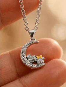 Miniso Disney Mickey Mouse Moon Rhinestone Pendant Necklace 1Pc Silver Tone With Gold Bow Lightweight For Women Daily Gift - XL0820 - View 2