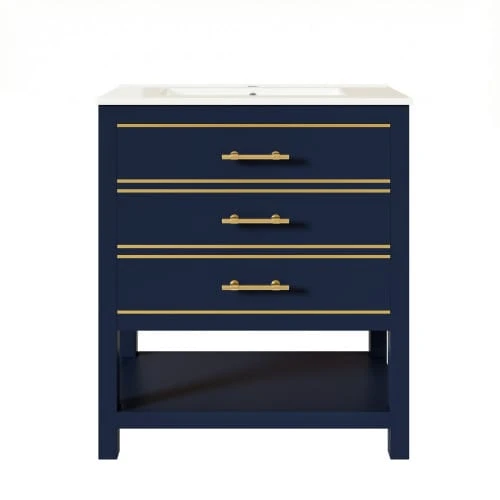 White Vanity Unit With Ceramic Basin – Freestanding Bathroom Unit With 2 Drawers And An Open Compartment, High-Quality Lacquered MDF Panel, Gold Handles, Without Tap Or Drain - Royal Blue - View 1