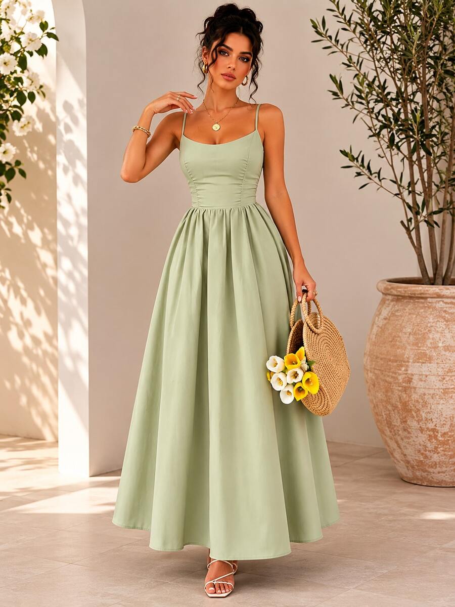 New Spring/Summer Fashion Minimalist Elegant Daily & Vacation Style Adjustable Strap Dress, Regular Sizes For Women - Green - View 1