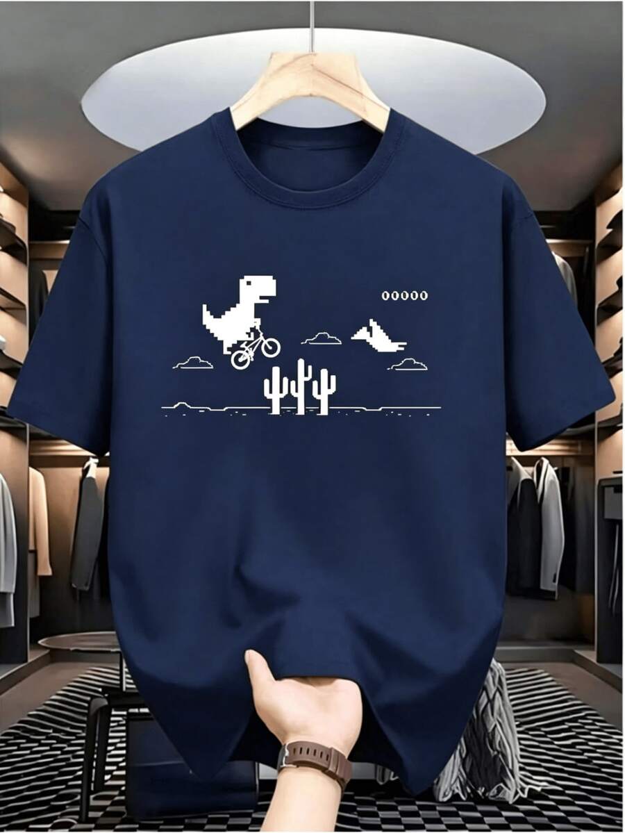 Women's Cotton T-Shirt, Pixelated Dinosaur Print On A Bicycle, Retro Gamer Style, Ideal For Vintage Video Game Lovers - 藏蓝色 - 查看 1