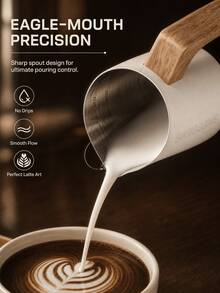 SMEGGEMS 350ML Milk Frothing Pitcher, Japanese Zen Style Wooden Handle Espresso Pot, Dual ML/OZ Scale Inside, Stainless Steel Pointed Spout Latte Art Milk Cup, Suitable For Baristas - White - View 4