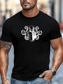 Pulpo tocando acordeón símbolo de creatividad y libertad marina que inspira audacia y ritmo camiseta de hombre moderna cómoda para uso diario - Negro - Ver 8