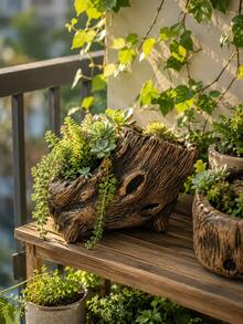 天氣樹樁造型樹脂植栽盆，多功能植物容器，適用於小型香草、野花、多肉植物，適合室內窗台、戶外花園、露台、庭院裝飾 - 樹樁花盆 - 查看 11