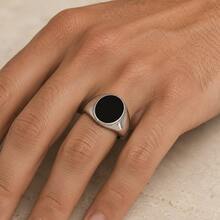 1pc Minimalist Alloy Silver Round Black Enamel Seal Ring Unisex Daily Wear - Silver - View 4