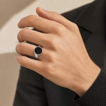 1pc Minimalist Alloy Silver Round Black Enamel Seal Ring Unisex Daily Wear - Silver - View 6