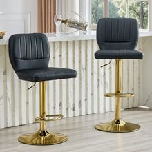 360° Swivel Bar Stool, Height Adjustable From 62 To 83 Cm, With Backrest And Footrest, Ergonomic And Uphol Stered In Black Faux Leather. Maximum Load: 136 Kg. Gold Finish. - Black - View 2