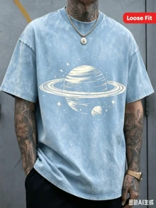 Men's Dark Gray Saturn And Star Print T-Shirt - Soft Stretch Knit Fabric, Space-Themed Crew Neck Short Sleeve, Street Style Versatile - 天藍色 - 查看 12