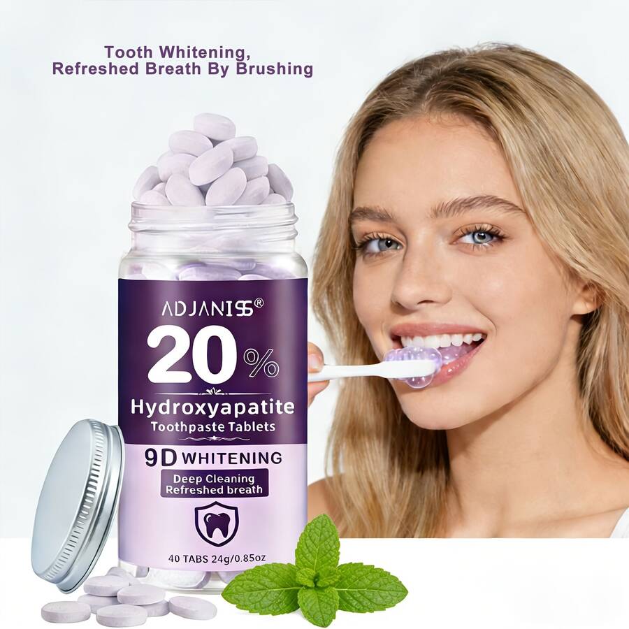 ADJANISS 1PC (40 Tablet) Tablet Pasta Gigi Hidroksiapatit), Bebas Fluorida dan Bebas Plastik, Tablet Kunyah Portabel yang Mendorong Remineralisasi dan Pemutihan Gigi Alami - Anggur - View 1
