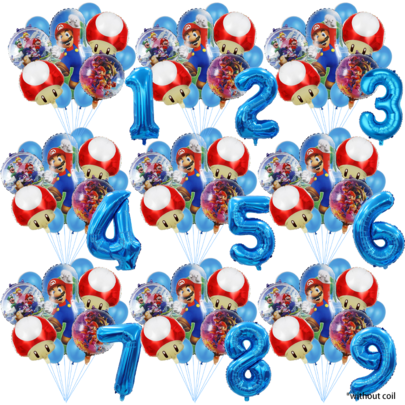 Official Authorized Adventure Cartoon Fantasy Mushroom Kingdom Red Cap Plumber Blue Theme Birthday Party Balloon Decoration Set, Blue Cartoon Pattern Foil Balloons, 32 Inch Blue 1-9 Number Foil Balloons, Happy Birthday Balloon Set, Perfect For Birthday Growth Ceremony Party Wall Decoration Backdrop, Balloon Set Decoration Supplies