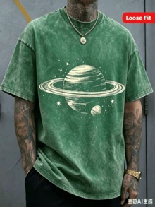 Men's Dark Gray Saturn And Star Print T-Shirt - Soft Stretch Knit Fabric, Space-Themed Crew Neck Short Sleeve,  Street Style Versatile - 湖綠 - 查看 7
