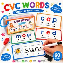 60pcs CVC Word Dry Erase Flash Cards, Reusable Phonics Learning Cards With Marker, Early Reading And Writing Practice Educational Toy For Kids - 彩色 - 查看 13