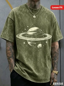 Men's Dark Gray Saturn And Star Print T-Shirt - Soft Stretch Knit Fabric, Space-Themed Crew Neck Short Sleeve, Street Style Versatile - 綠色 - 查看 12