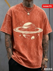 Men's Dark Gray Saturn And Star Print T-Shirt - Soft Stretch Knit Fabric, Space-Themed Crew Neck Short Sleeve, Street Style Versatile - 橘色 - 查看 11