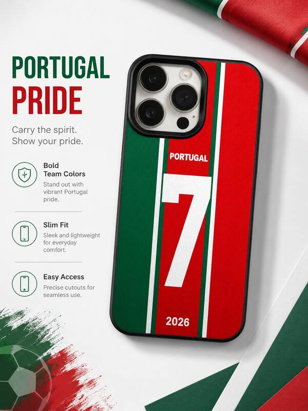 Compatible With IPhone17 Pro MAX/16/15/14 Pro/13/12/11 Series, Football Fan Creative Design, Black Edge Faux Leather Case, Tournament Ins Style, Portugal No. 7 Jersey Full Coverage Protective Phone Case With Printed Design, Raised Camera Protection Case