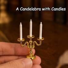 Miniature 3-Arm Candelabra Model With Candles, 1:12 Scale Dollhouse Decor, Gothic Mini Restaurant Tabletop Candle Holder, Miniature Photography Prop - 1PC - View 6