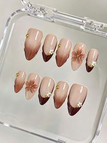 10pcs Pure Handmade Press On Nails Long Almond Nail Brown White And Golden Nails With 3d Flowers And Shell Pattern French Cute Fancy Pain Y2k Gentle Stroble Flash Elegant For Women And Girl, Spring Summer Fall Winter, Holiday And Daily Life Use - Brown - View 2