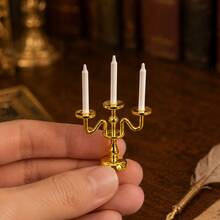 Miniature 3-Arm Candelabra Model With Candles, 1:12 Scale Dollhouse Decor, Gothic Mini Restaurant Tabletop Candle Holder, Miniature Photography Prop - 1PC - View 1