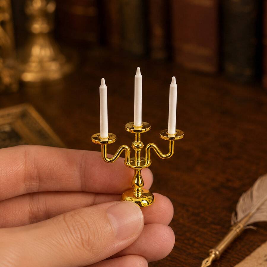 Miniature 3-Arm Candelabra Model With Candles, 1:12 Scale Dollhouse Decor, Gothic Mini Restaurant Tabletop Candle Holder, Miniature Photography Prop - 1PC - View 1