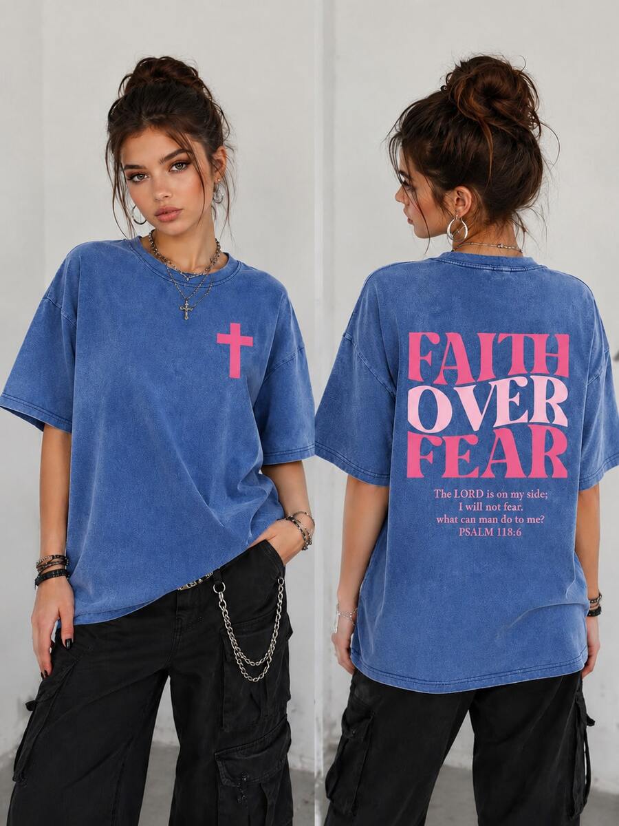 Psalm 118:6 Faith Over Fear Shirt Pink Cross Graphic Vintage Washed Christian Streetwear Church Outfit, Womens Washed T-Shirt,Vacation Outfits Women - 藍色 - 查看 1