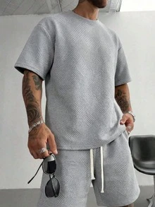 父親節禮物，男士新款夏季提花套裝，男士休閒運動套裝，百搭短袖短褲兩件套，學生短袖套裝 - 淺灰色 - 查看 1
