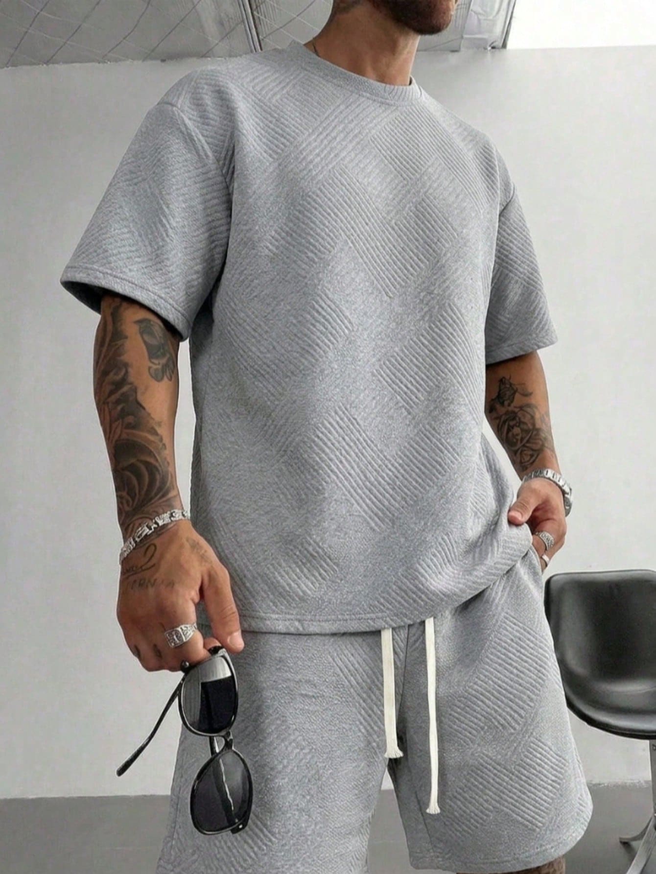 父親節禮物,男士新款夏季提花套裝,男士休閒運動套裝,百搭短袖短褲兩件套,學生短袖套裝 - 淺灰色 - 查看 1