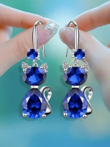YSH.ZIXIN 1 Pair Crystal Cat Pendant Earrings With Ocean Heart Design, Shining Rhinestone Eardrops For Women - Kitten-2 - View 9