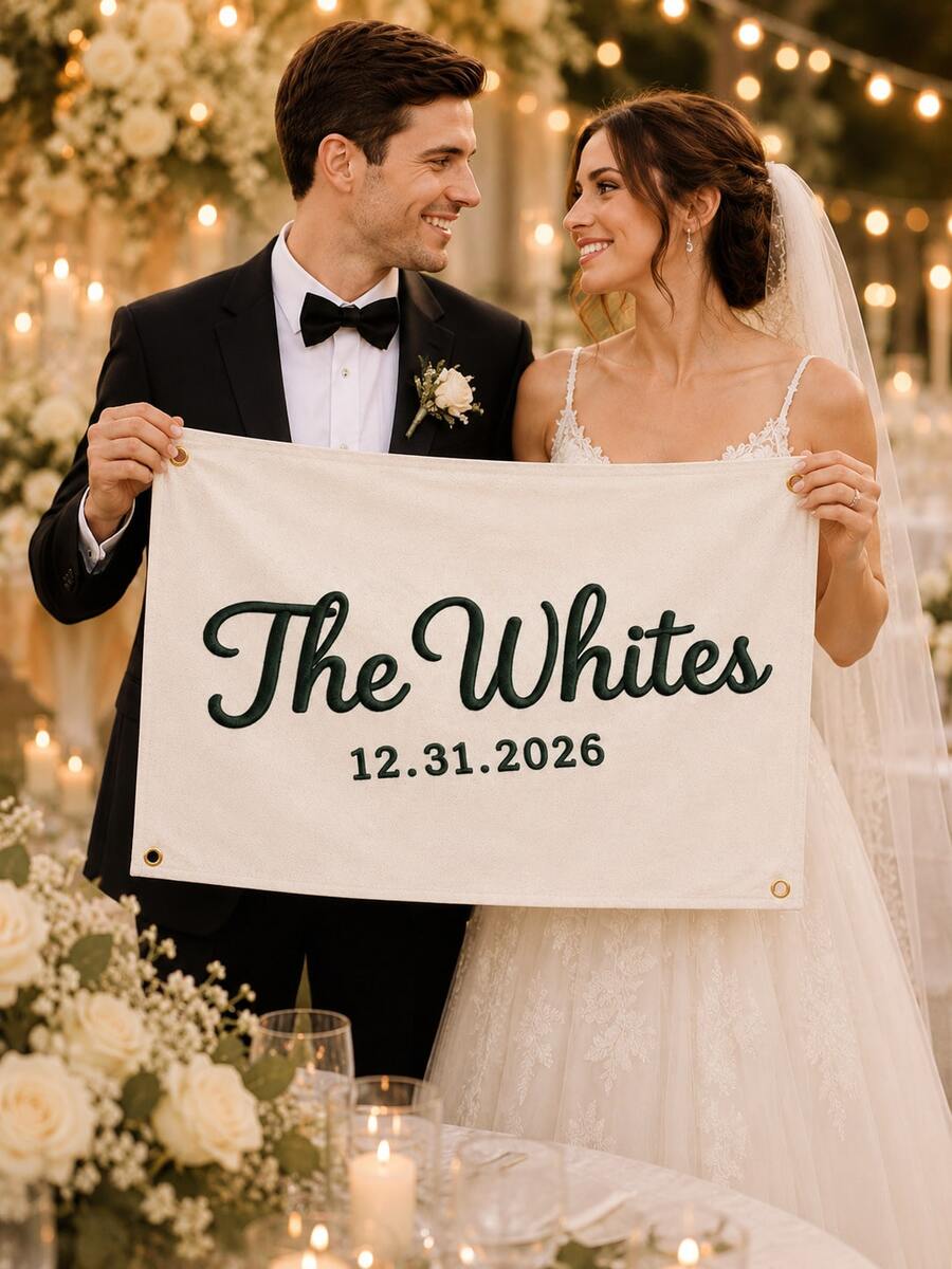 Pancarta de Boda Bordada Personalizada - El texto se puede personalizar para la novia; también es adecuada para decoración de aniversario o cumpleaños - Multicolor - Ver 1