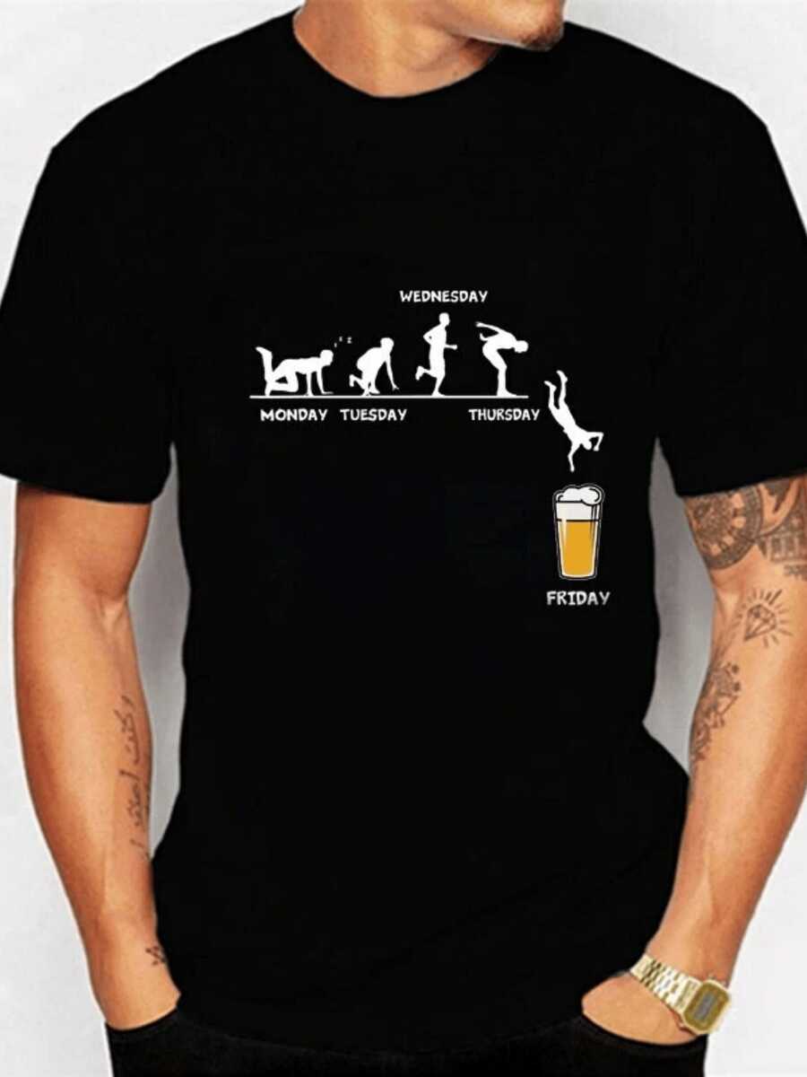 Evolución divertida del hombre durante la semana terminando el viernes celebrando con una cerveza camiseta de hombre casual moderna para salir - Negro - Ver 1