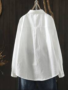 Women's Polyester Shirt Collar Top, Long Dolman Sleeve, Classic White Button Detail, Suitable For Casual Wear - White - View 4