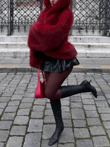 Women's New Faux Fox Fur Hooded Coat, Premium Fluffy Warm Jacket - Red - View 5