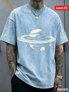 Men's Dark Gray Saturn And Star Print T-Shirt - Soft Stretch Knit Fabric, Space-Themed Crew Neck Short Sleeve, Street Style Versatile - 天藍色 - 查看 1