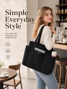 Multifunctional Canvas Bag, Multi-Pocket Large Capacity Solid Color, Suitable For Casual Shoulder Tote Bag Handbag, Applicable For School, Work, Travel - Multicolor - View 8