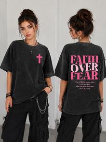 Psalm 118:6 Faith Over Fear Shirt Pink Cross Graphic Vintage Washed Christian Streetwear Church Outfit, Womens Washed T-Shirt,Vacation Outfits Women - 黑色 - 查看 1