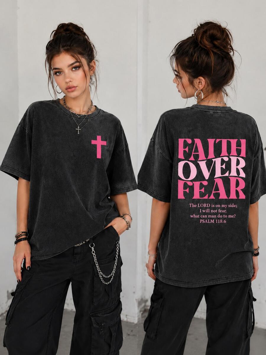 Psalm 118:6 Faith Over Fear Shirt Pink Cross Graphic Vintage Washed Christian Streetwear Church Outfit, Womens Washed T-Shirt,Vacation Outfits Women - 黑色 - 查看 1