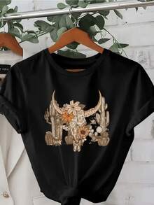 Cráneo de buey con flores silvestres y cactus del desierto representan la fuerza natural vital para esta genial camiseta de mujer - Negro - Ver 1