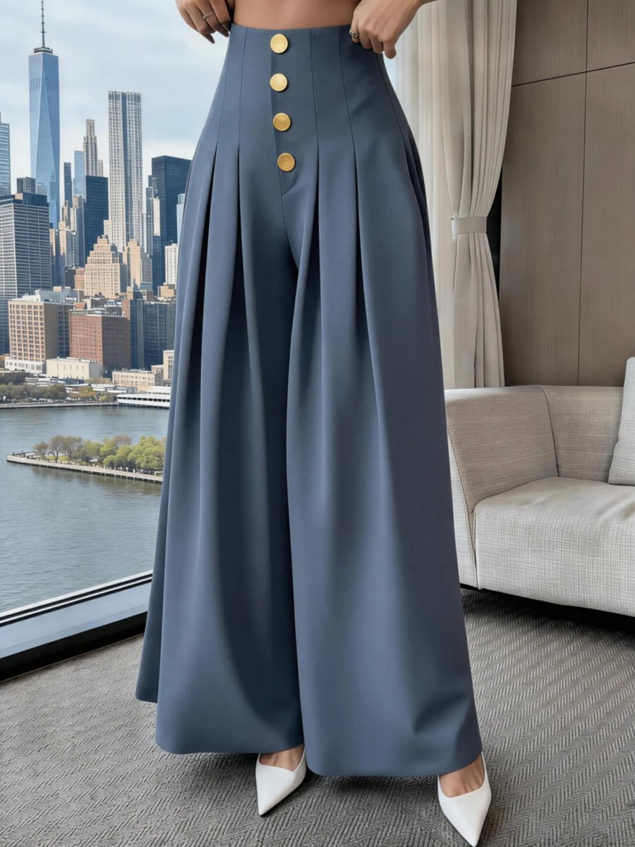 Women's Loose-Fitting Wide-Leg Pants, Solid Color, With Front Buttons And Pleats, Sizes S, M, L - 深灰色 - 查看 1