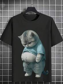 Gato regordete con expresión pensativa mostrando su barriga simboliza autoaceptación y ternura camiseta de hombre casual y moderna - Negro - Ver 1